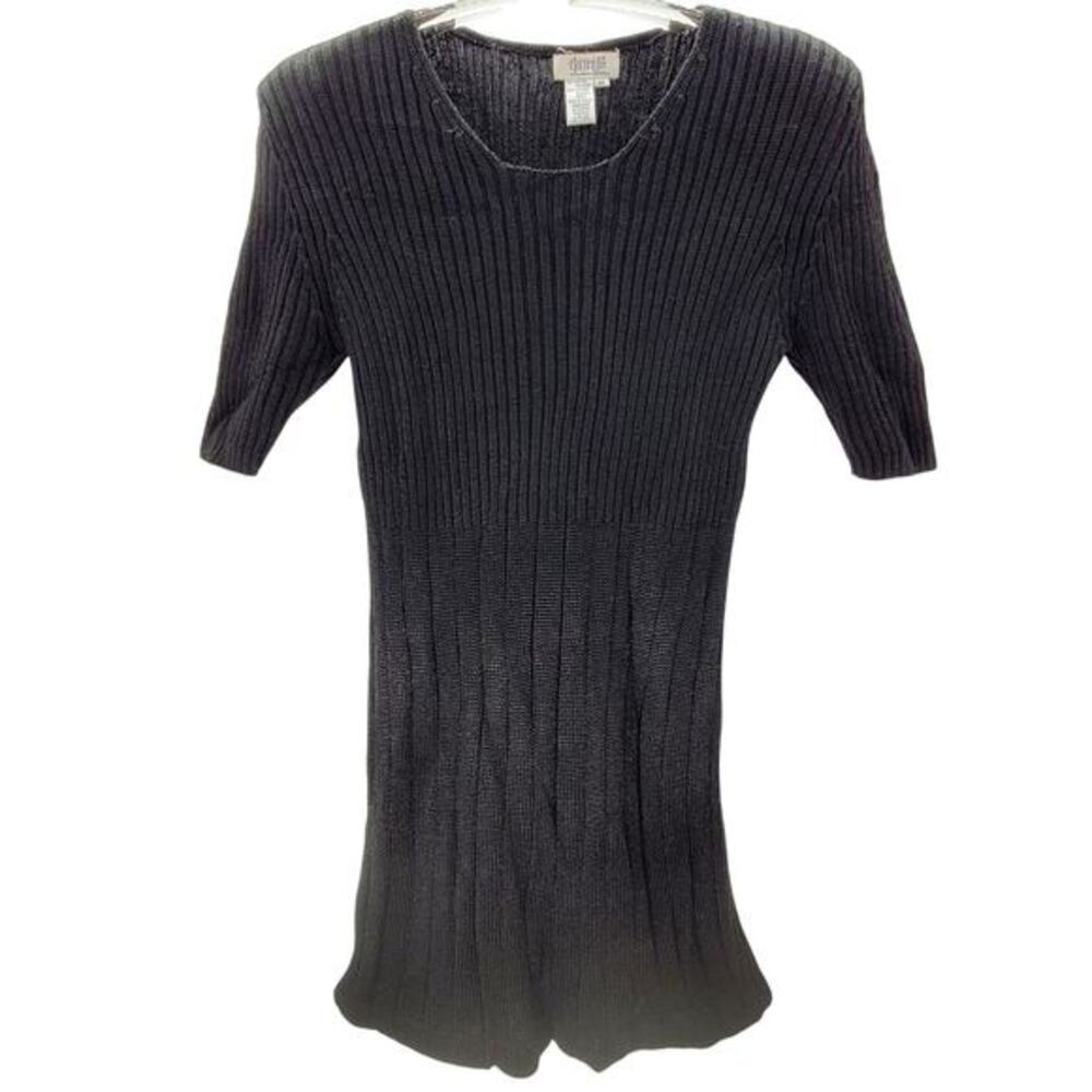 Elements Vintage Black Ribbed Knit Stretchy Short Sleeve‎ Basic Midi Dress